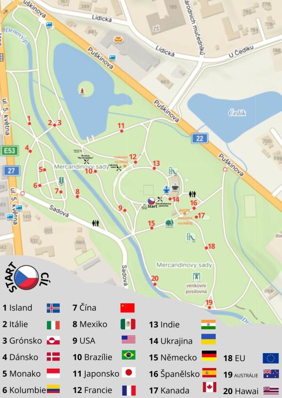 Mapka s jednotlivými stanovišti